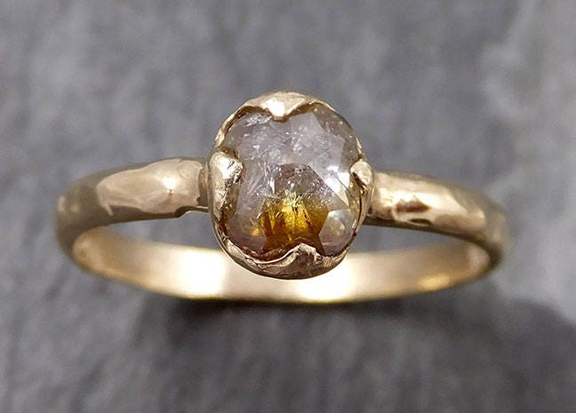 Faceted Fancy cut Champagne Diamond Solitaire Engagement 14k Yellow Gold Wedding Ring byAngeline 0825