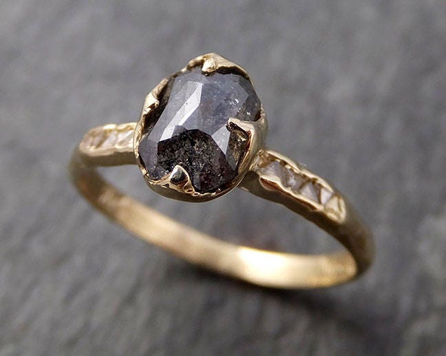 Real Salt and Pepper Diamond Engagement Ring | Solid 14k Yellow Gold | Hand Made By Angeline 0937