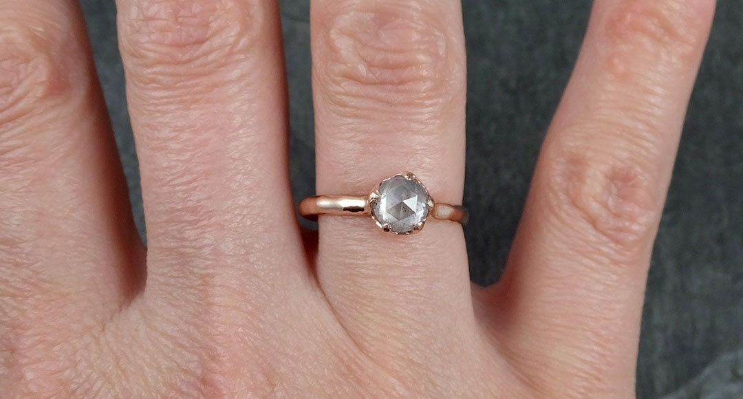 Faceted Fancy cut Salt and pepper Diamond Solitaire Engagement 14k Rose Gold Wedding Ring byAngeline 1199