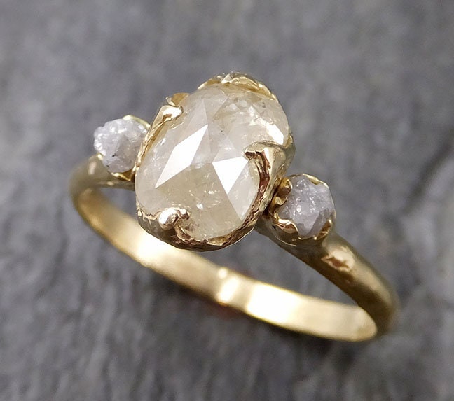 Elongated Rose-Cut Diamond Engagement Ring | 18k Yellow Gold Three Stone Ring | Rustic Organic Wedding Ring | By Angeline | 1244