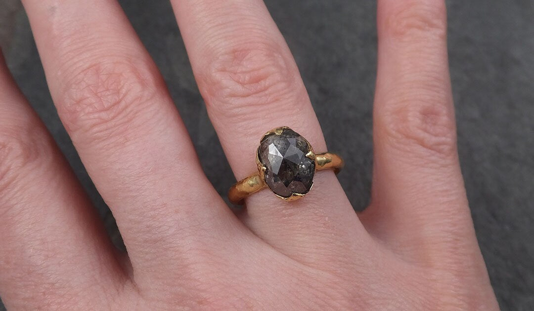 Fancy cut salt and pepper Diamond Solitaire Engagement 18k yellow Gold Wedding Ring Diamond Ring byAngeline 1607