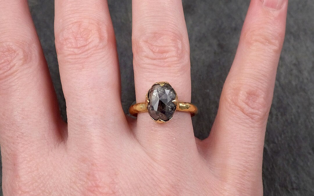 Fancy cut salt and pepper Diamond Solitaire Engagement 18k yellow Gold Wedding Ring Diamond Ring byAngeline 1607