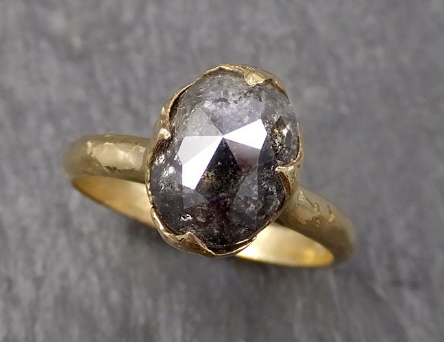 Fancy cut salt and pepper Diamond Solitaire Engagement 18k yellow Gold Wedding Ring Diamond Ring byAngeline 1607