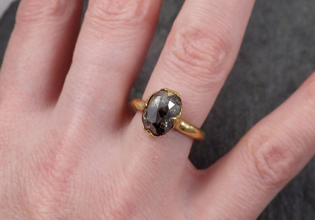 Fancy cut salt and pepper Diamond Solitaire Engagement 18k yellow Gold Wedding Ring Diamond Ring byAngeline 1607