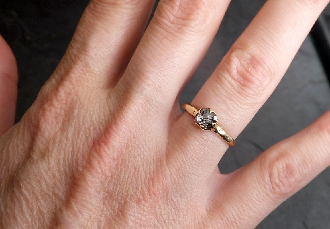 Fancy cut salt and pepper Diamond Solitaire Engagement 14k yellow Gold Wedding Ring byAngeline 2022