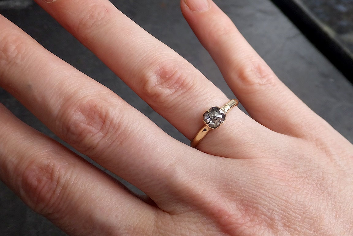 Fancy cut salt and pepper Diamond Solitaire Engagement 14k yellow Gold Wedding Ring byAngeline 2022