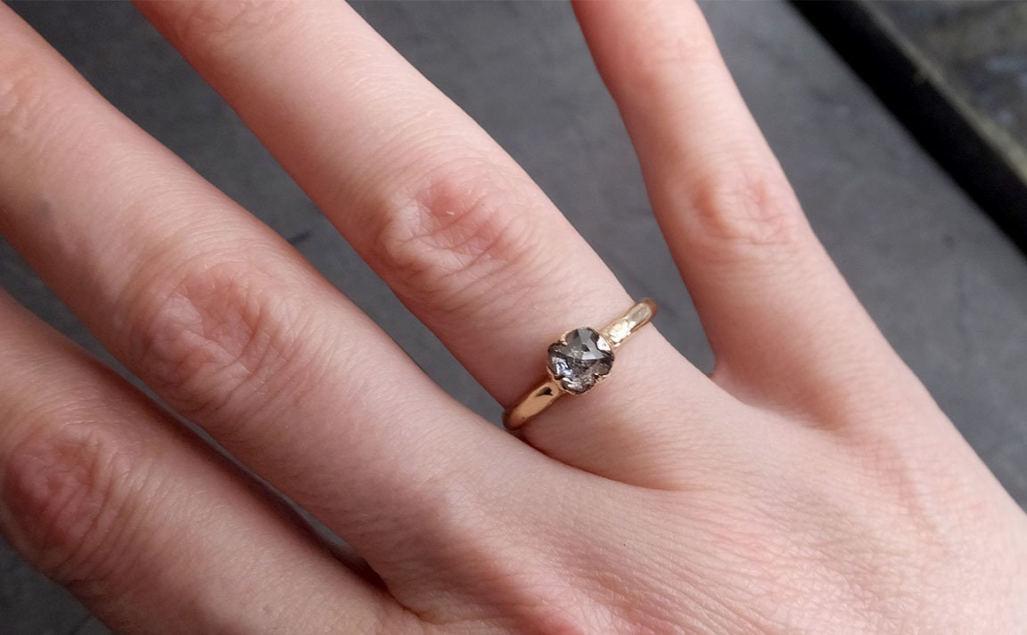 Fancy cut salt and pepper Diamond Solitaire Engagement 14k yellow Gold Wedding Ring byAngeline 2022