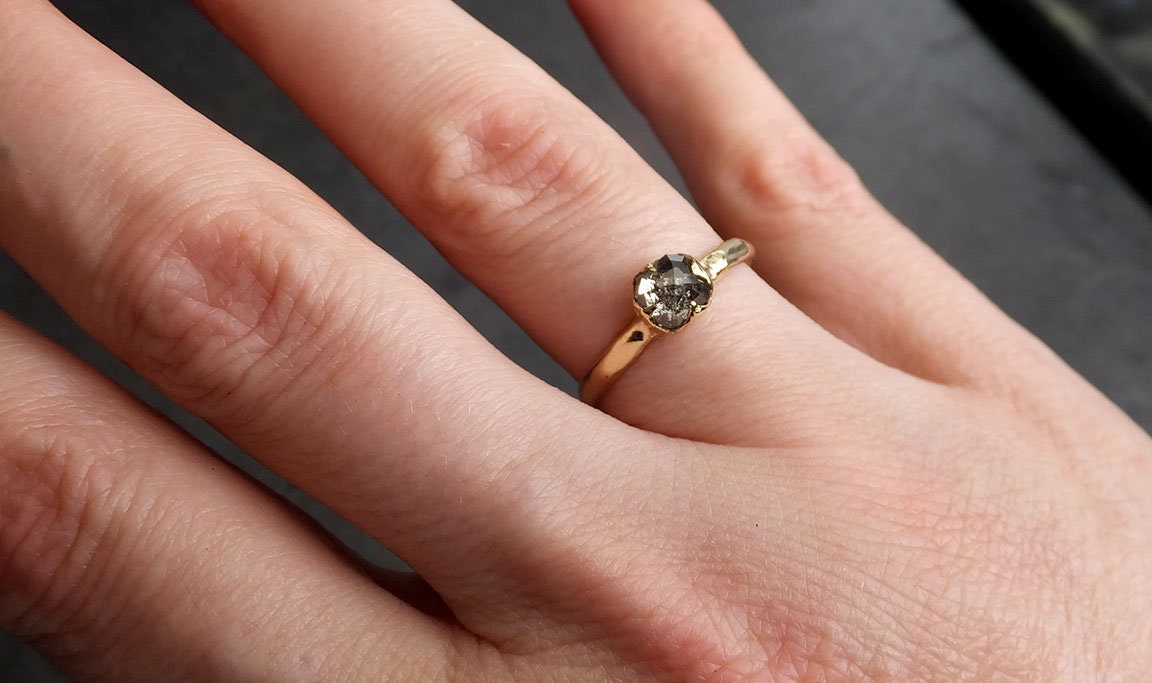 Fancy cut salt and pepper Diamond Solitaire Engagement 14k yellow Gold Wedding Ring byAngeline 2022