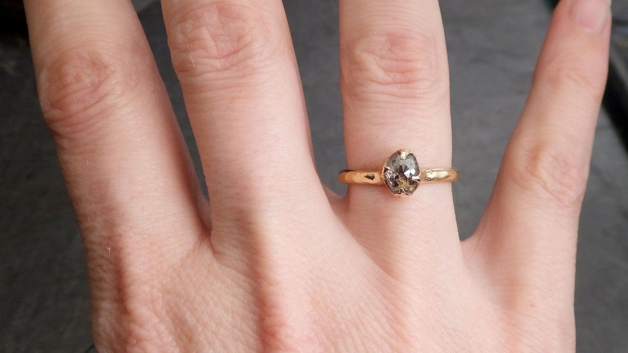 Fancy cut salt and pepper Diamond Solitaire Engagement 14k yellow Gold Wedding Ring byAngeline 2128