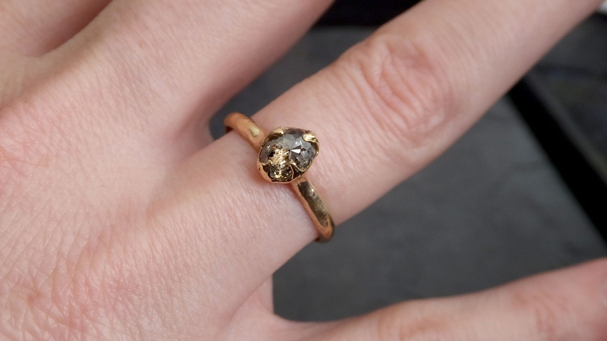 Fancy cut salt and pepper Diamond Solitaire Engagement 14k yellow Gold Wedding Ring byAngeline 2128