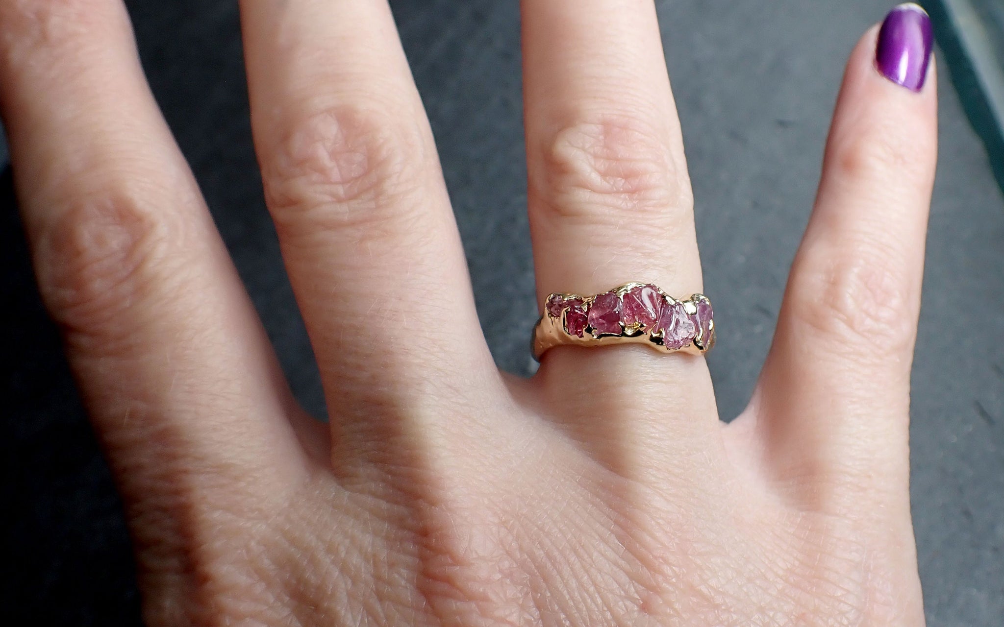 Sapphire tumbled pink tumbled yellow 18k gold multi stone gemstone band 2656