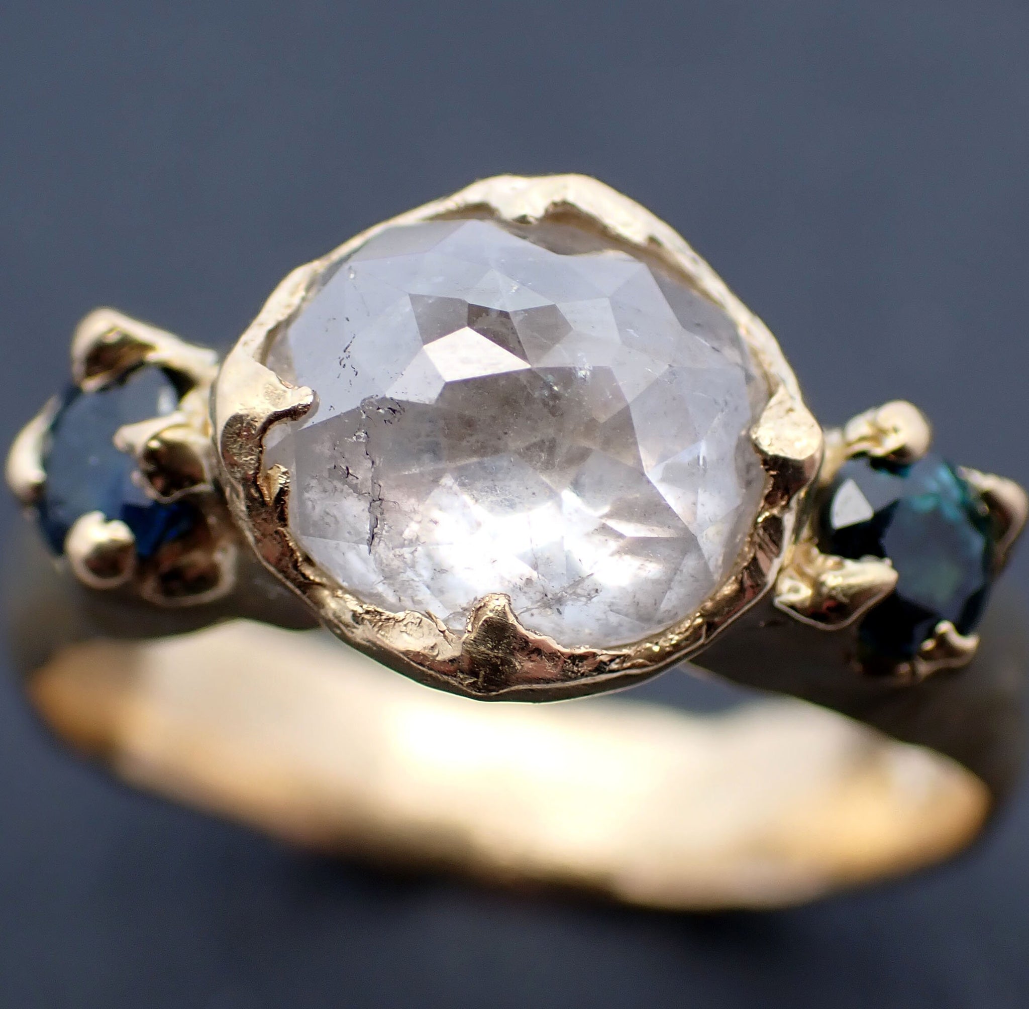 Fancy cut White Diamond Engagement ring with side Burma sapphires 18k yellow Gold Multi stone Wedding Ring byAngeline C3449