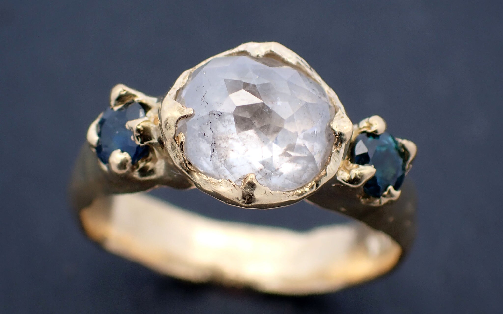 Fancy cut White Diamond Engagement ring with side Burma sapphires 18k yellow Gold Multi stone Wedding Ring byAngeline C3449