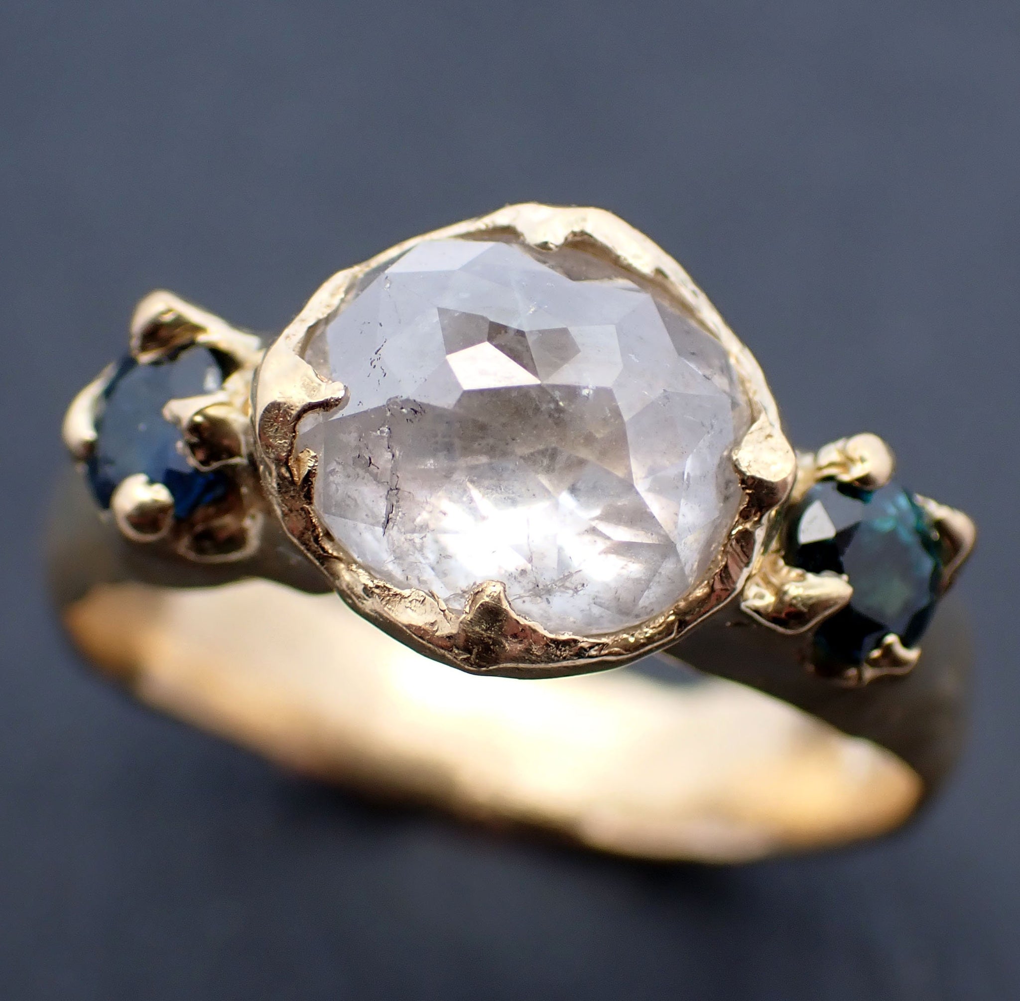 Fancy cut White Diamond Engagement ring with side Burma sapphires 18k yellow Gold Multi stone Wedding Ring byAngeline C3449