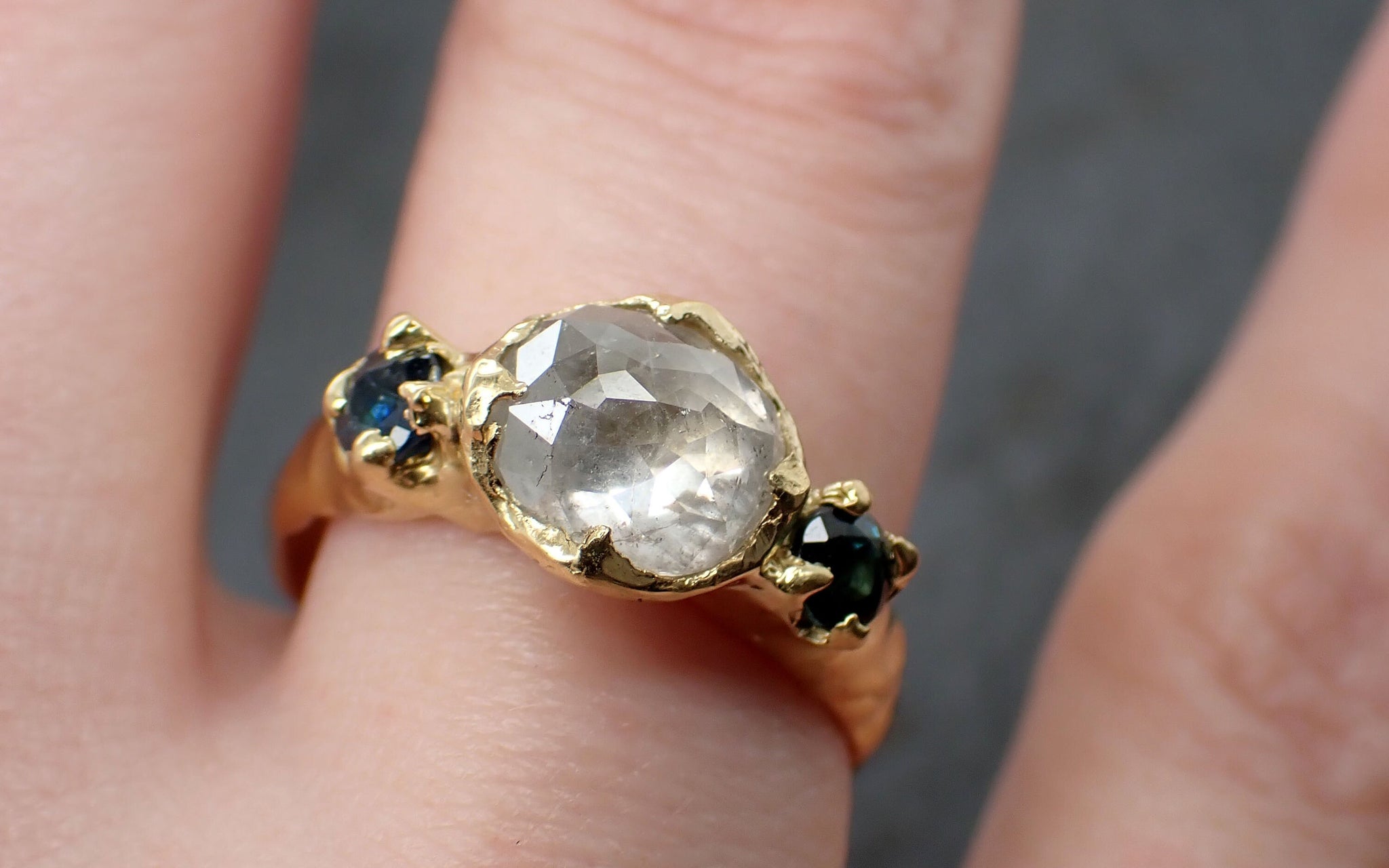 Fancy cut White Diamond Engagement ring with side Burma sapphires 18k yellow Gold Multi stone Wedding Ring byAngeline C3449