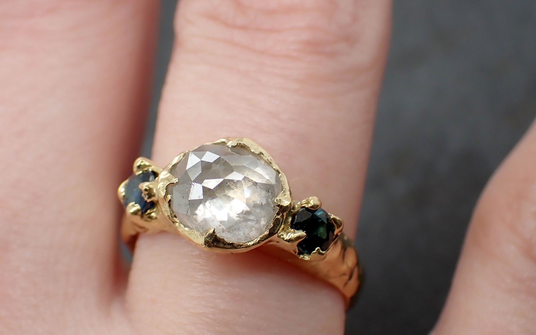 Fancy cut White Diamond Engagement ring with side Burma sapphires 18k yellow Gold Multi stone Wedding Ring byAngeline C3449