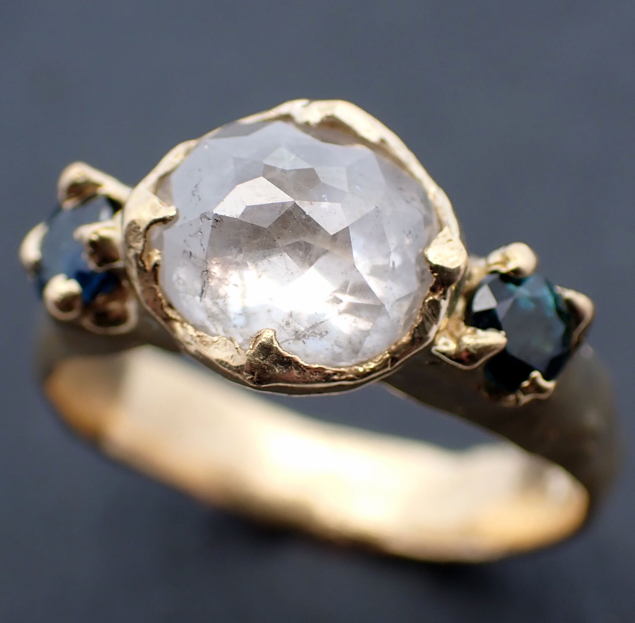 Fancy cut White Diamond Engagement ring with side Burma sapphires 18k yellow Gold Multi stone Wedding Ring byAngeline C3449