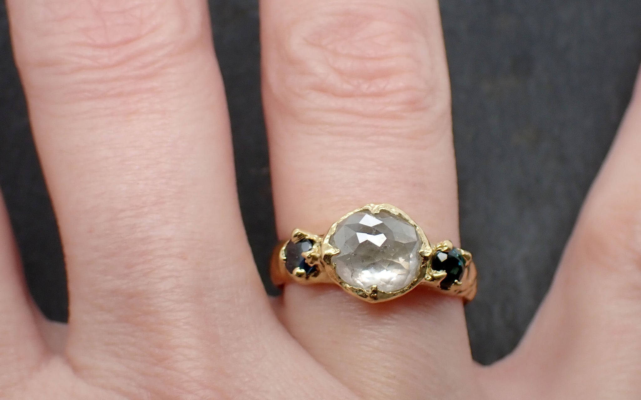 Fancy cut White Diamond Engagement ring with side Burma sapphires 18k yellow Gold Multi stone Wedding Ring byAngeline C3449