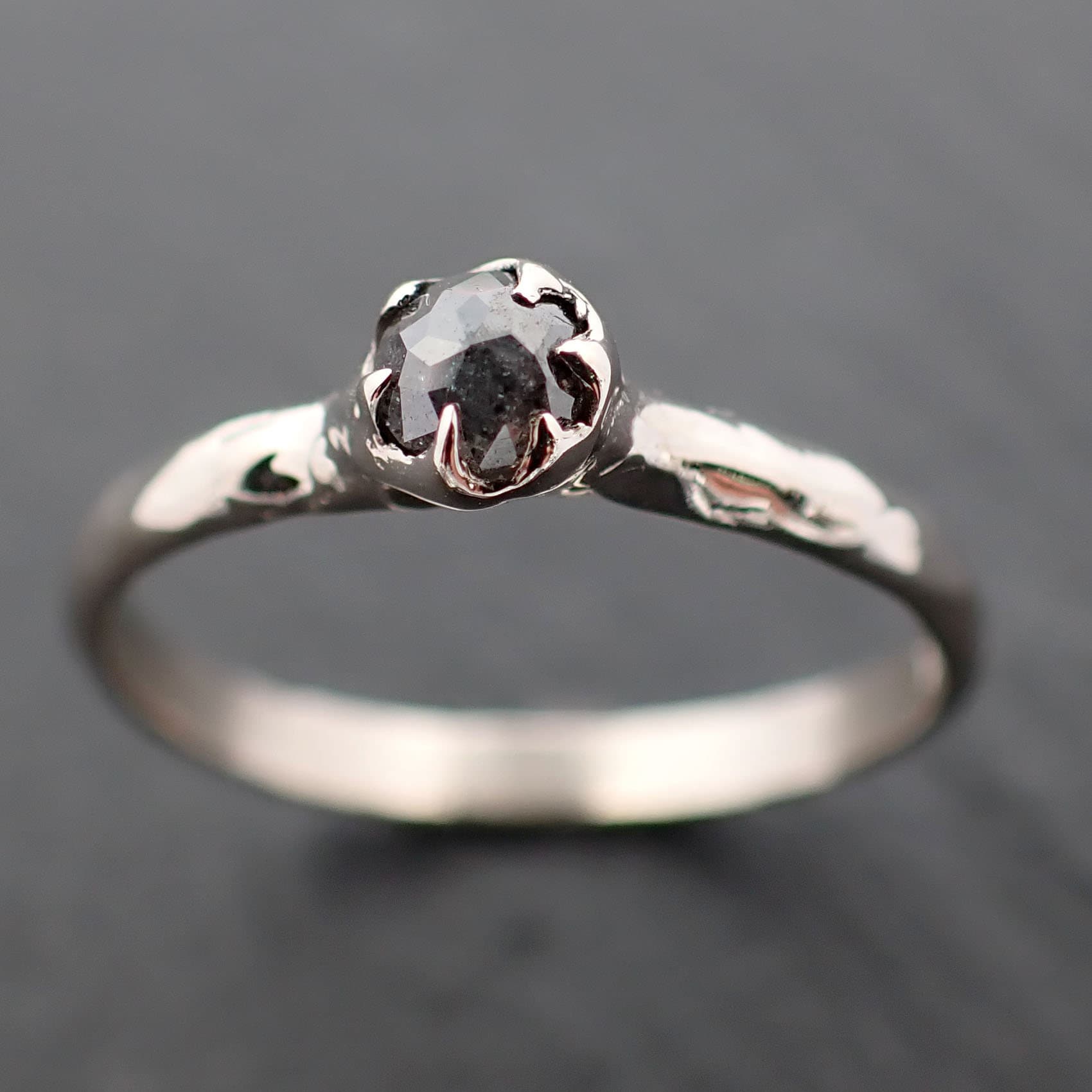 Fancy cut salt and pepper Diamond Solitaire Engagement Ring 14k White Gold Rough Diamond ring byAngeline 3495