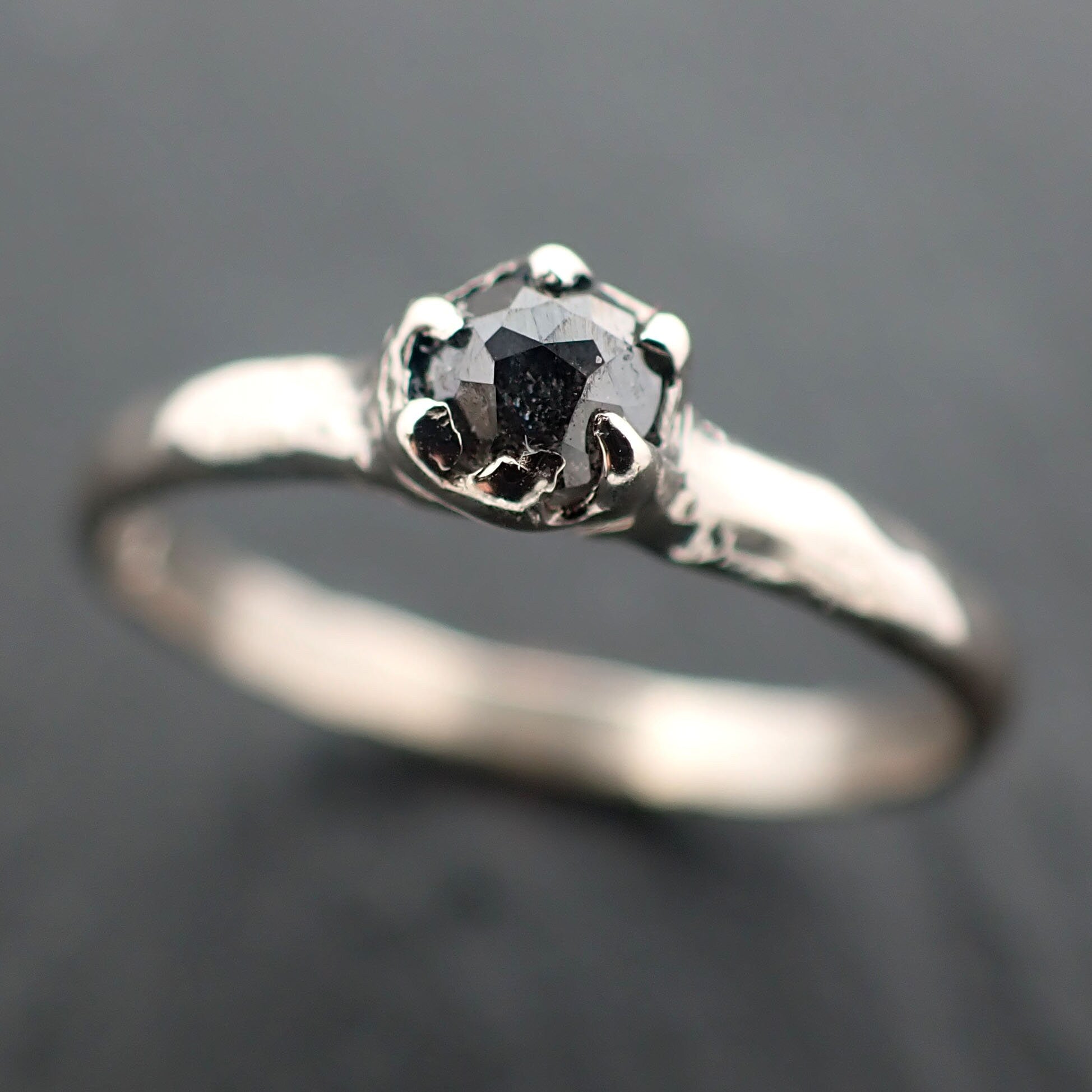 Faceted Fancy cut salt and pepper Diamond Solitaire Engagement 14k White Gold Wedding Ring byAngeline 3513