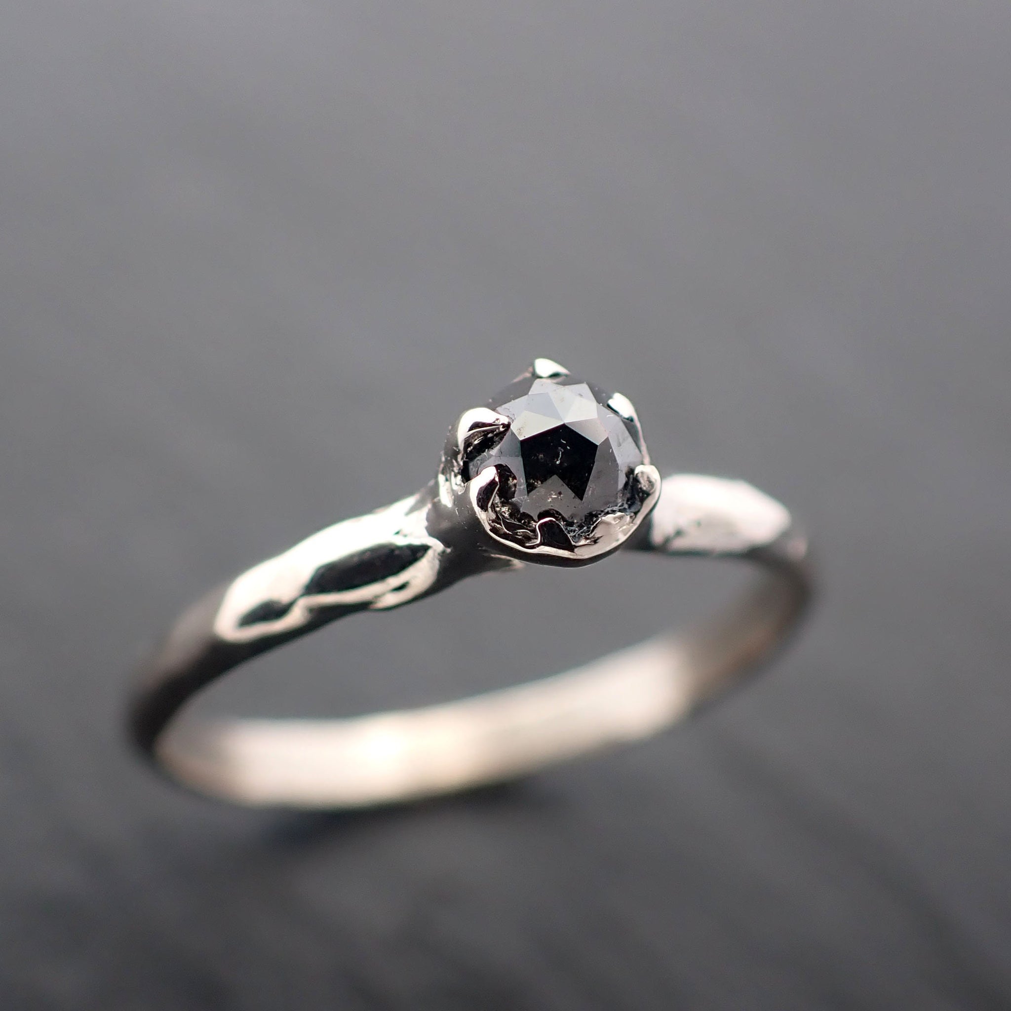 Faceted Fancy cut salt and pepper Diamond Solitaire Engagement 14k White Gold Wedding Ring byAngeline 3514