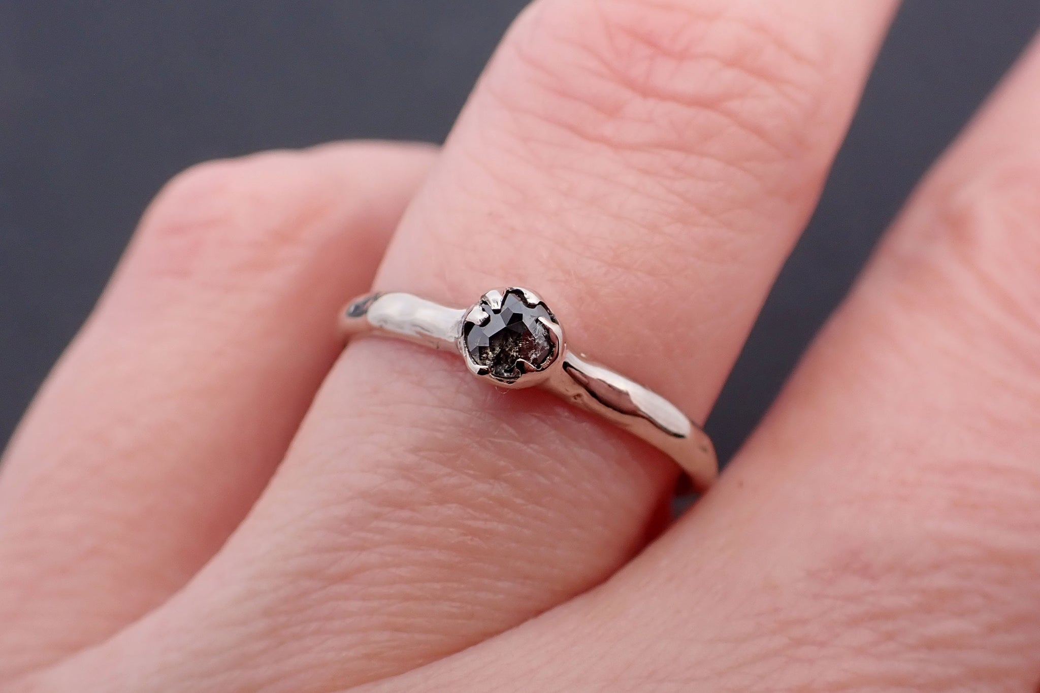 Faceted Fancy cut salt and pepper Diamond Solitaire Engagement 14k White Gold Wedding Ring byAngeline 3533