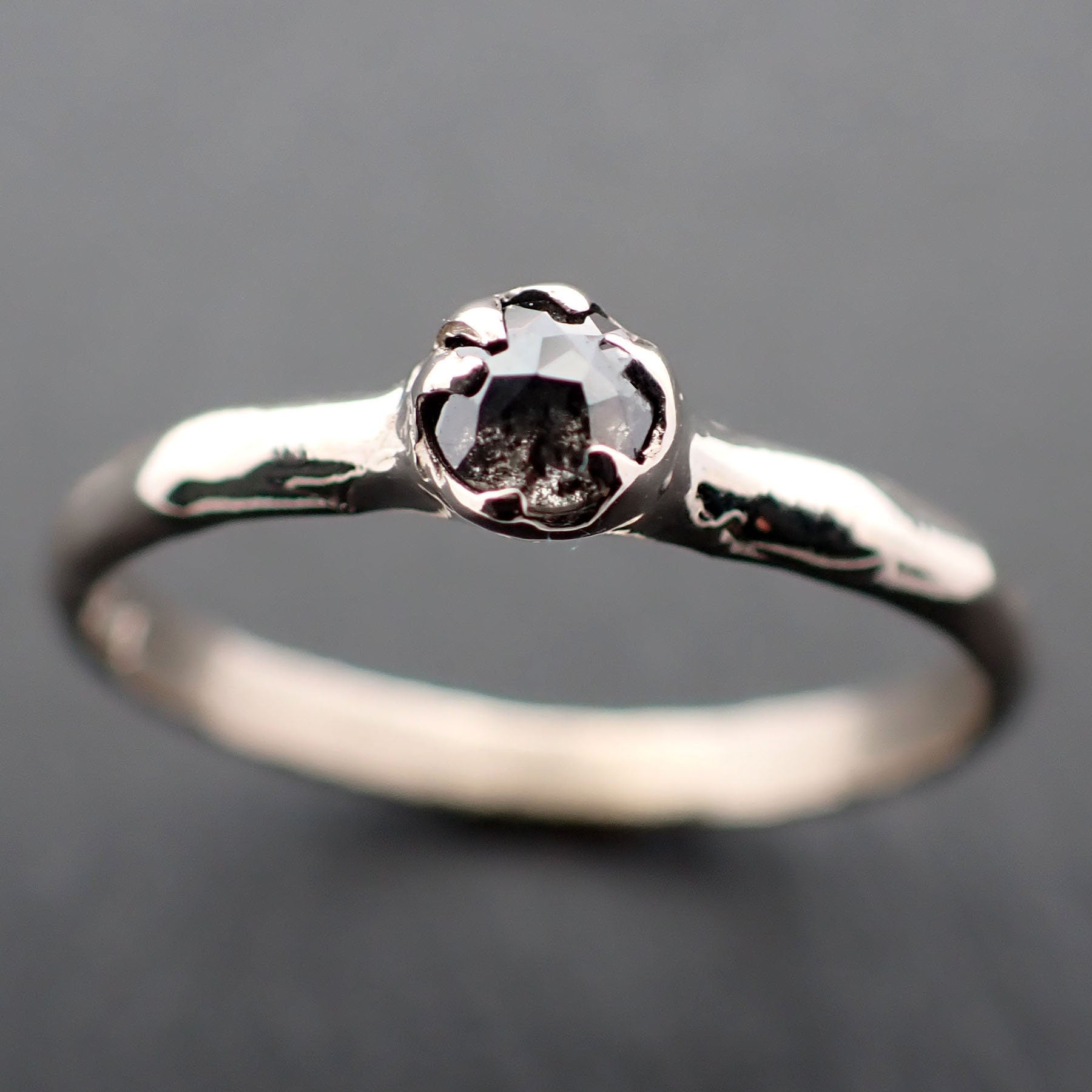 Faceted Fancy cut salt and pepper Diamond Solitaire Engagement 14k White Gold Wedding Ring byAngeline 3533