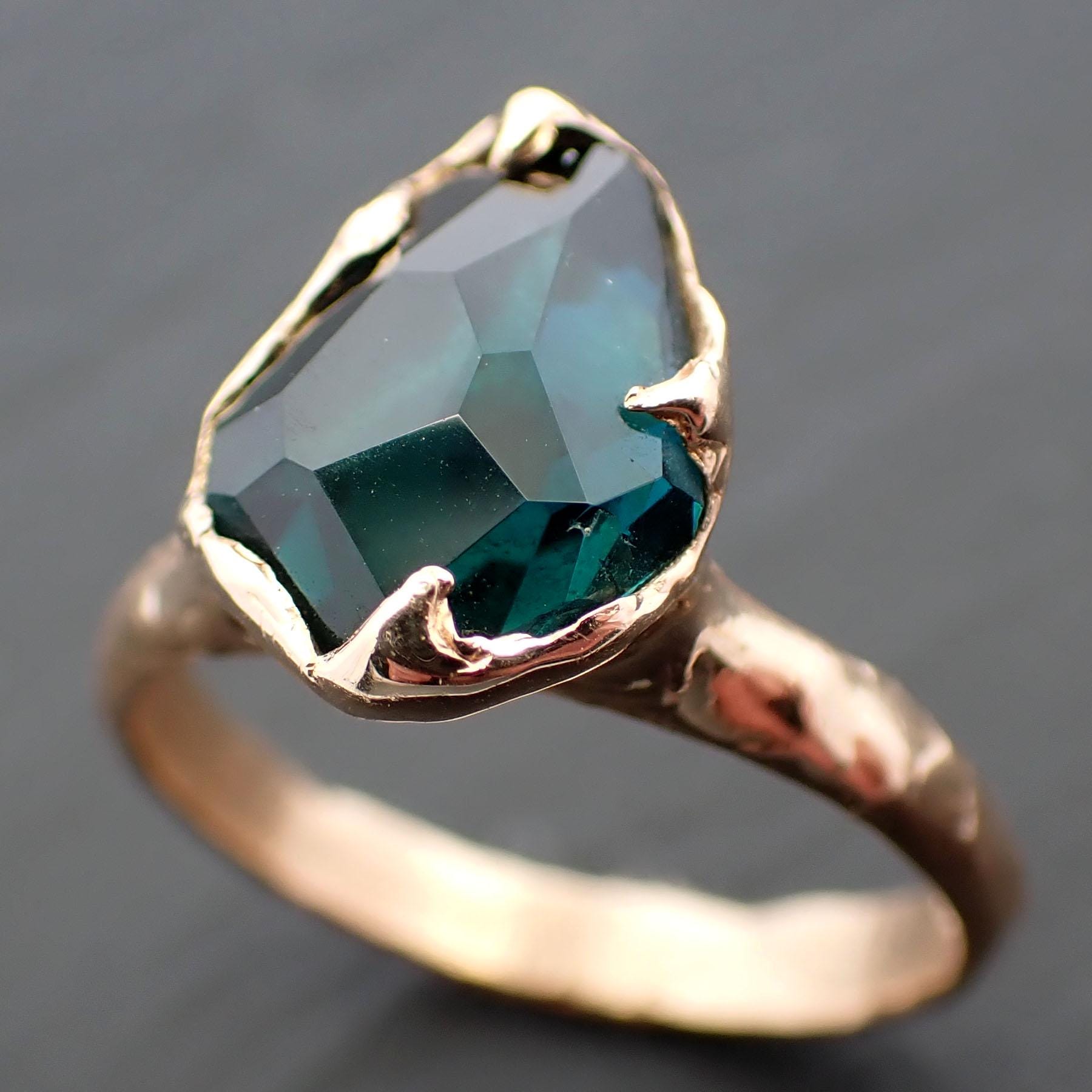 Partially faceted Solitaire green Tourmaline 14k Gold Engagement Ring One Of a Kind Gemstone Ring byAngeline 3541