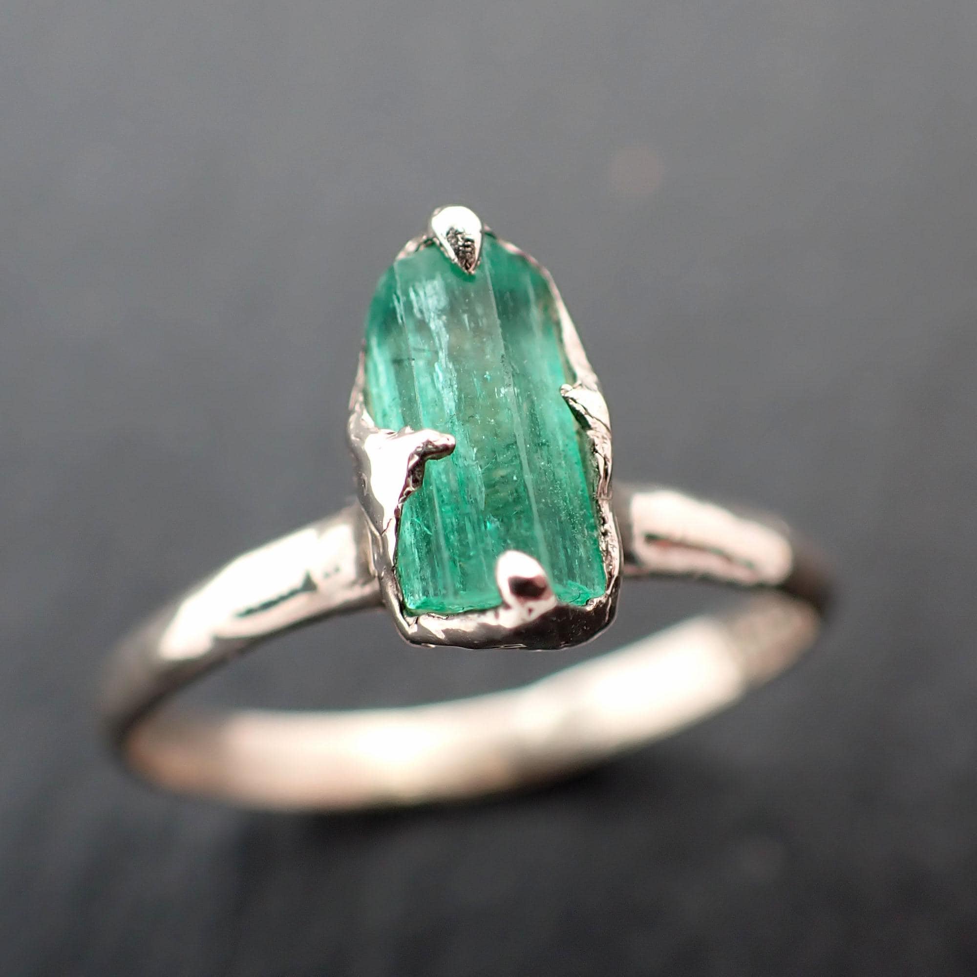 Raw green Emerald Ring Rough Uncut Gemstone recycled white 14k gold stacking cocktail statement byAngeline 3546