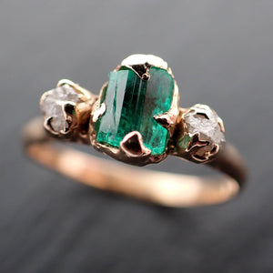 Three Stone rough Diamond and Emerald Dainty Engagement Ring 14k Gold Multi stone Wedding Ring Uncut Birthstone Ring 3547