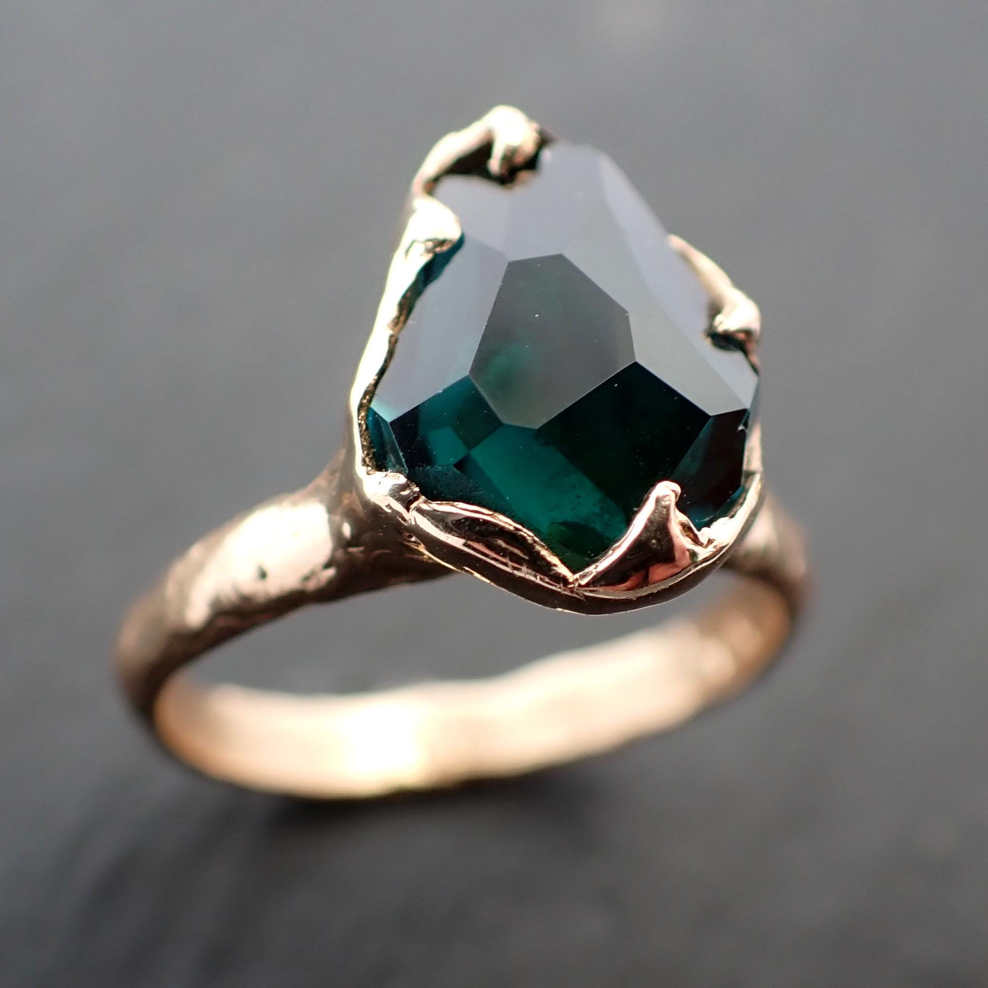 Partially faceted Solitaire green Tourmaline 14k Gold Engagement Ring One Of a Kind Gemstone Ring byAngeline 3541