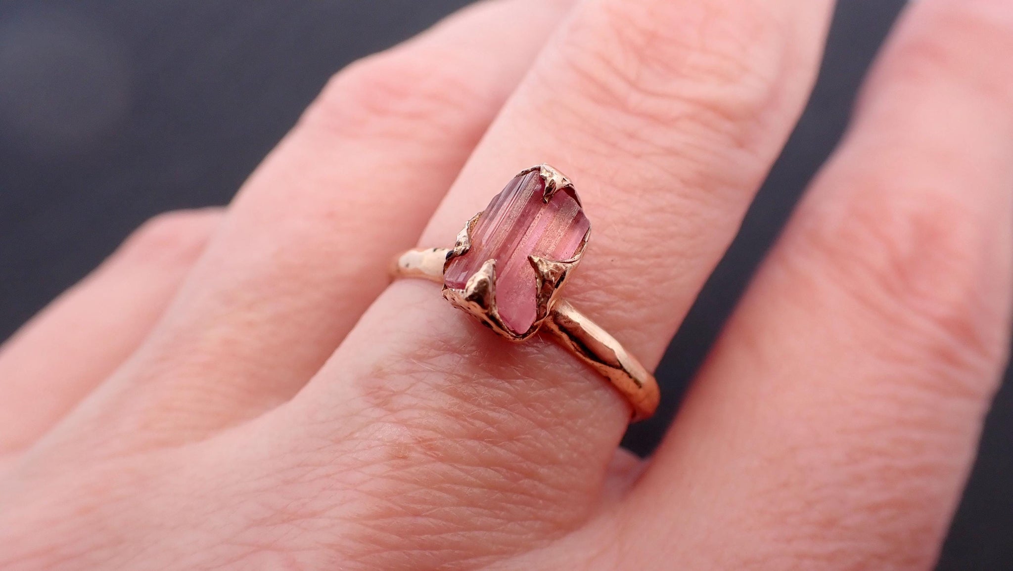 Raw pink Tourmaline Gold Ring Rough Uncut Gemstone tourmaline recycled 14k stacking cocktail statement byAngeline 3545