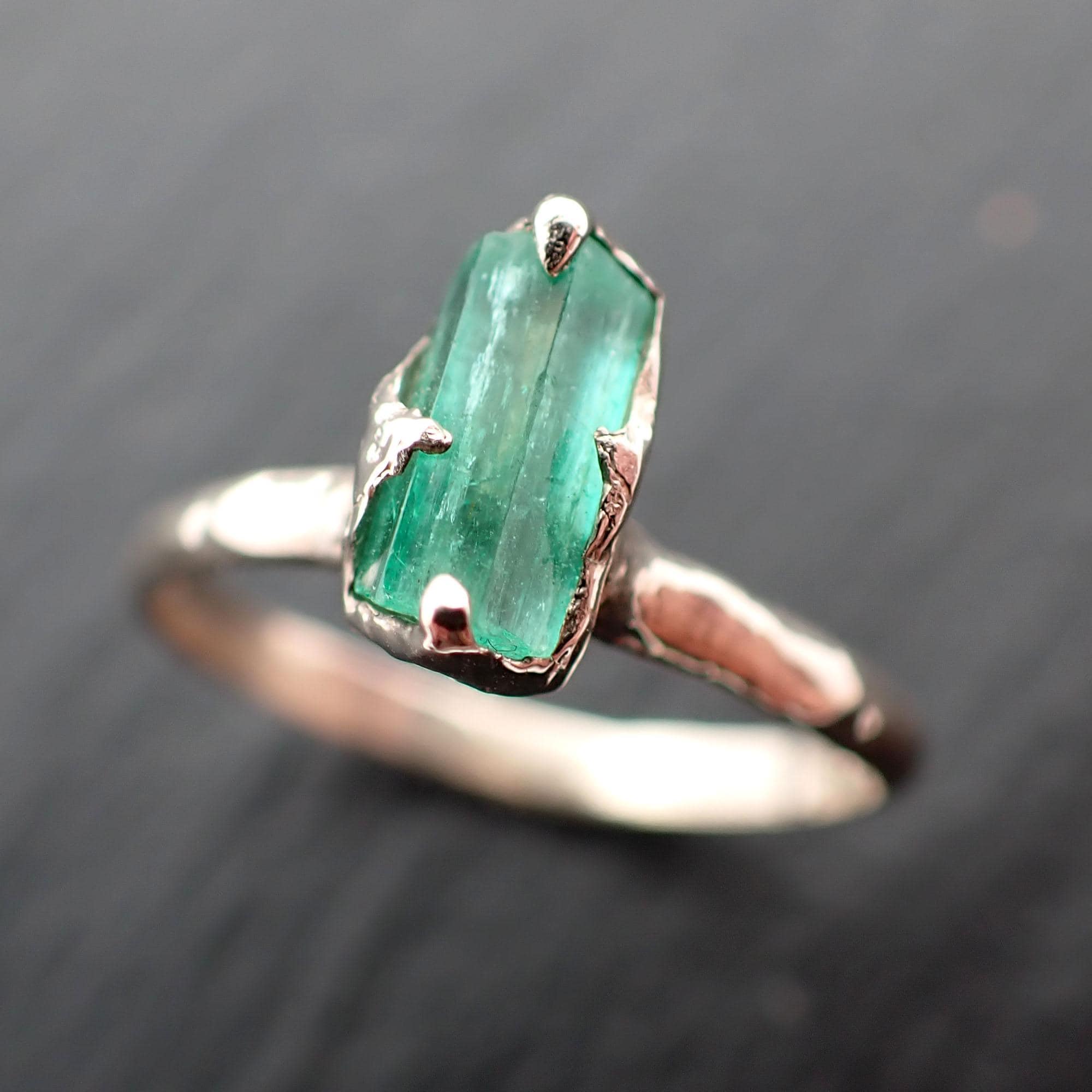 Raw green Emerald Ring Rough Uncut Gemstone recycled white 14k gold stacking cocktail statement byAngeline 3546