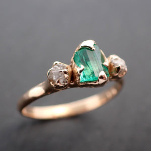 Three Stone rough Diamond and Emerald Dainty Engagement Ring 14k Gold Multi stone Wedding Ring Uncut Birthstone Ring 3547