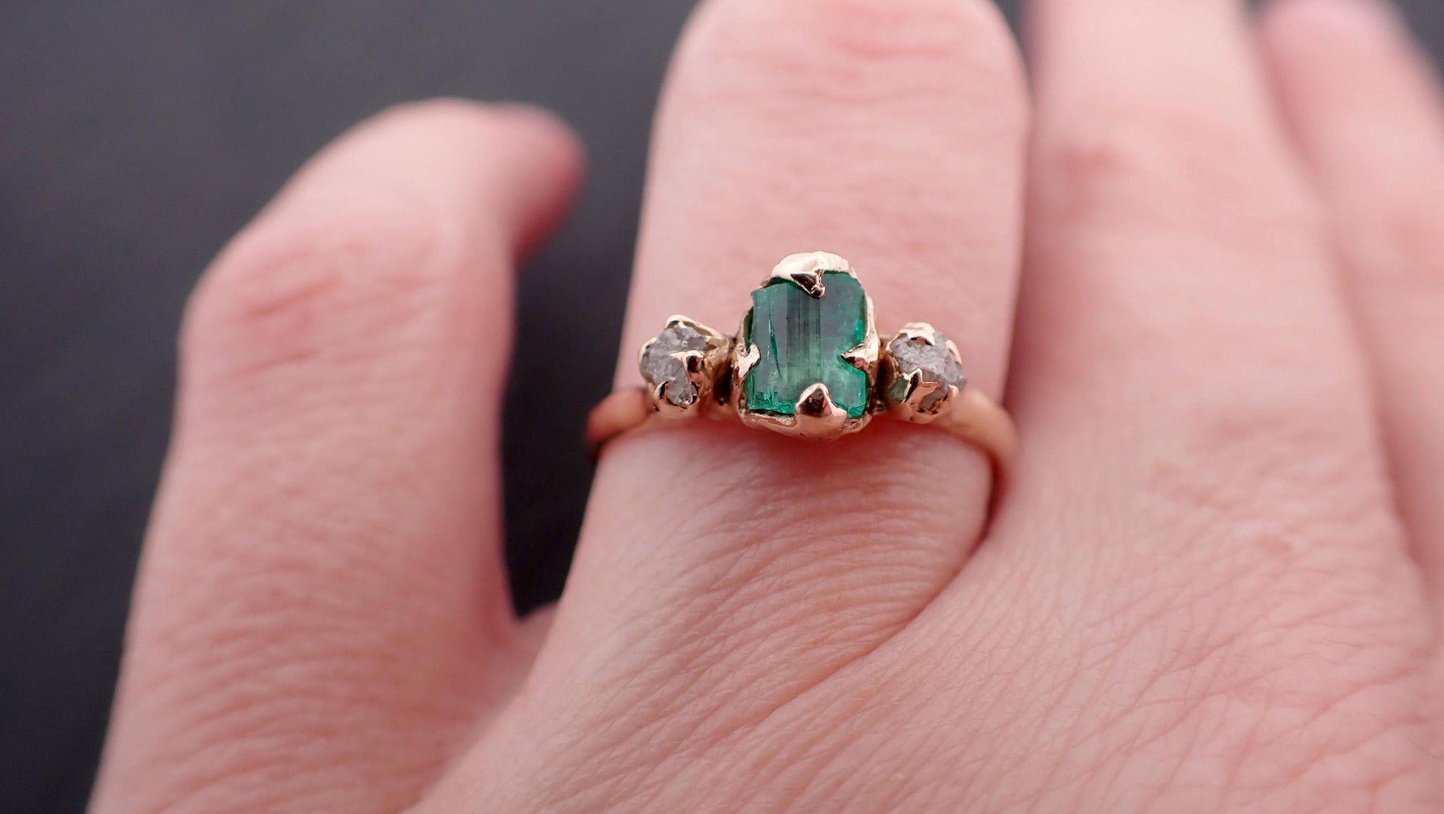 Three Stone rough Diamond and Emerald Dainty Engagement Ring 14k Gold Multi stone Wedding Ring Uncut Birthstone Ring 3547