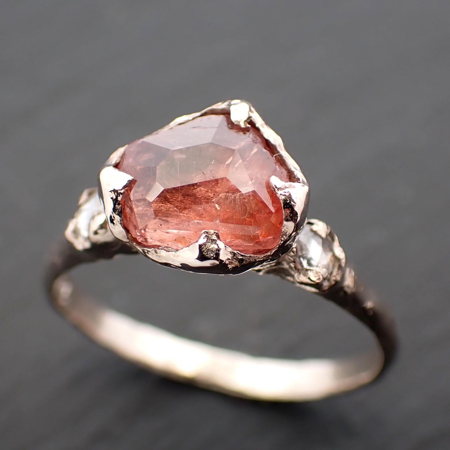 Partially faceted Peach Sapphire and fancy Diamonds 14k White Gold Engagement Wedding Ring Custom Gemstone Ring Multi stone Ring 3548