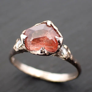 Partially faceted Peach Sapphire and fancy Diamonds 14k White Gold Engagement Wedding Ring Custom Gemstone Ring Multi stone Ring 3548