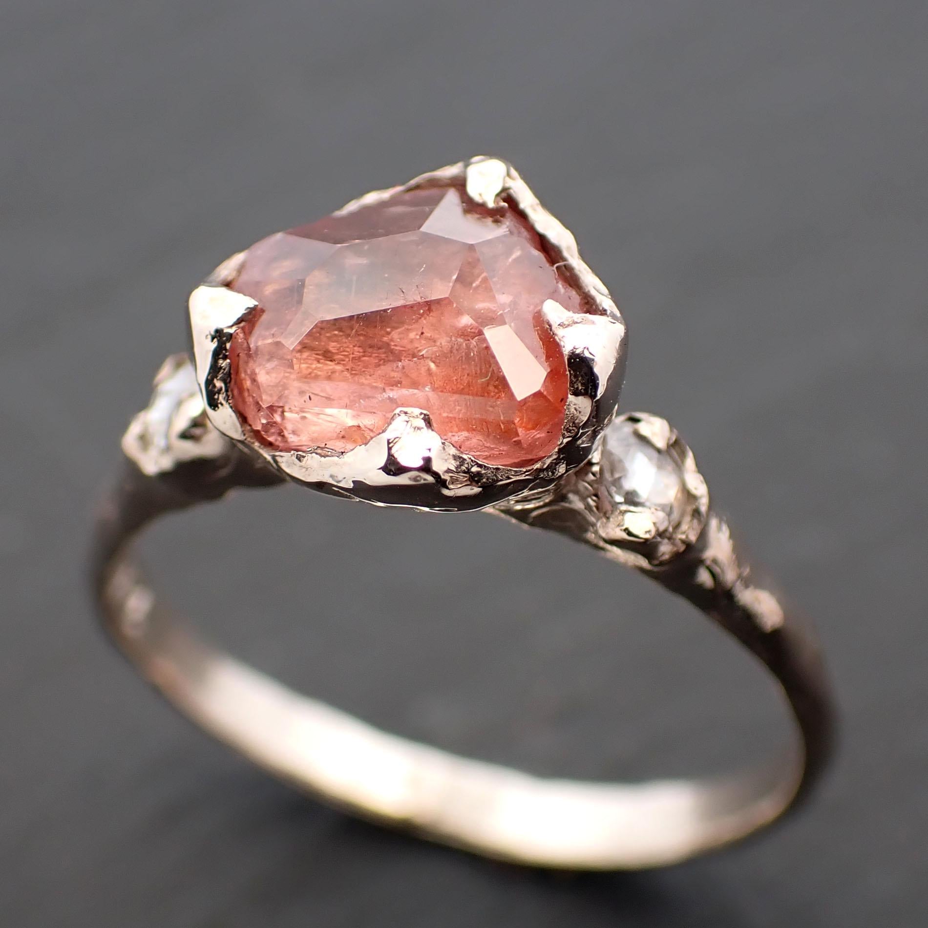 Partially faceted Peach Sapphire and fancy Diamonds 14k White Gold Engagement Wedding Ring Custom Gemstone Ring Multi stone Ring 3548