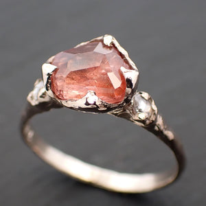 Partially faceted Peach Sapphire and fancy Diamonds 14k White Gold Engagement Wedding Ring Custom Gemstone Ring Multi stone Ring 3548