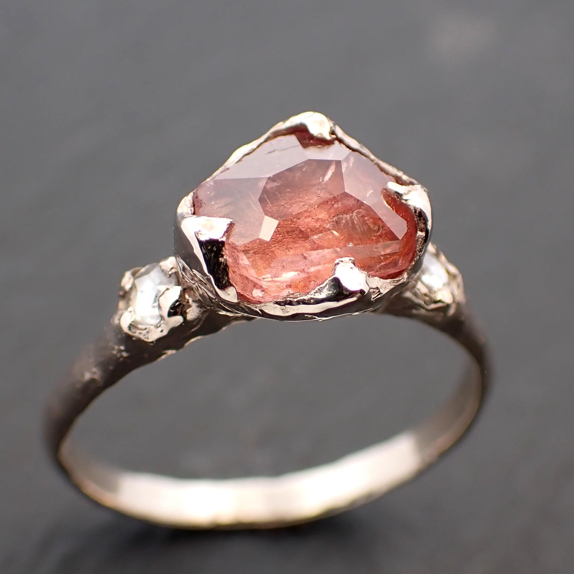 Partially faceted Peach Sapphire and fancy Diamonds 14k White Gold Engagement Wedding Ring Custom Gemstone Ring Multi stone Ring 3548