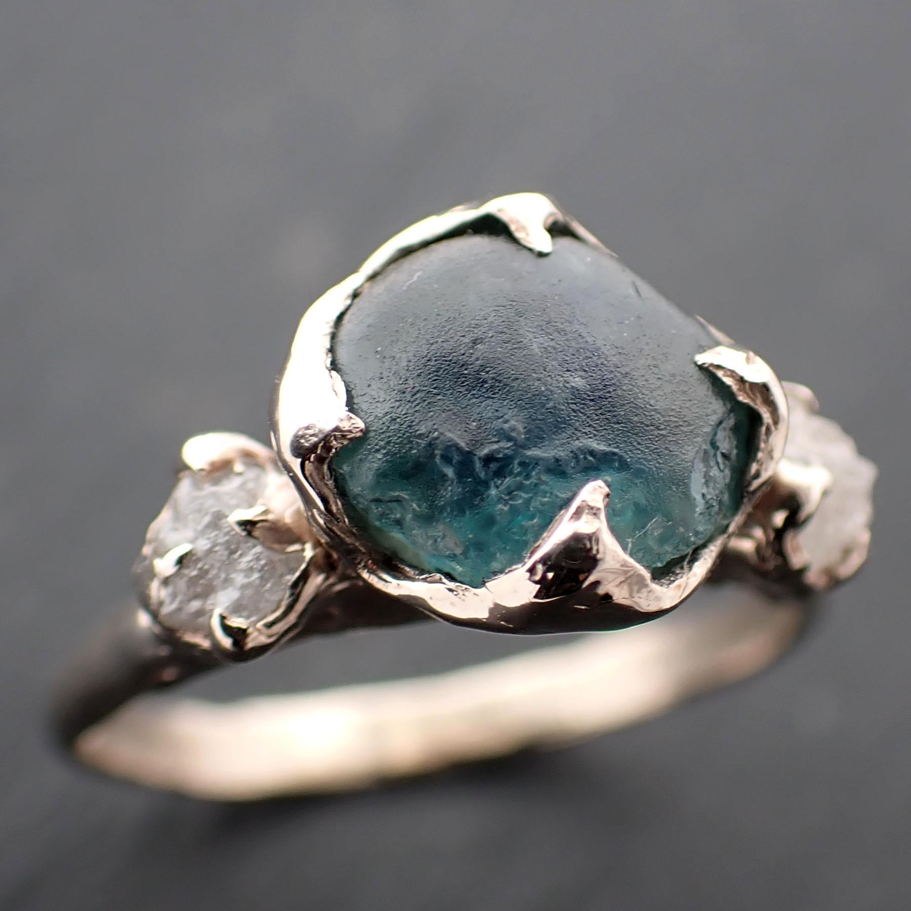 Raw blue green Montana Sapphire rough diamond White 14k Gold Engagement Wedding Ring Custom One Of a Kind Gemstone Multi stone Ring 3549