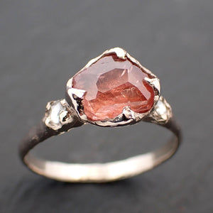 Partially faceted Peach Sapphire and fancy Diamonds 14k White Gold Engagement Wedding Ring Custom Gemstone Ring Multi stone Ring 3548