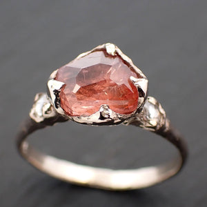 Partially faceted Peach Sapphire and fancy Diamonds 14k White Gold Engagement Wedding Ring Custom Gemstone Ring Multi stone Ring 3548