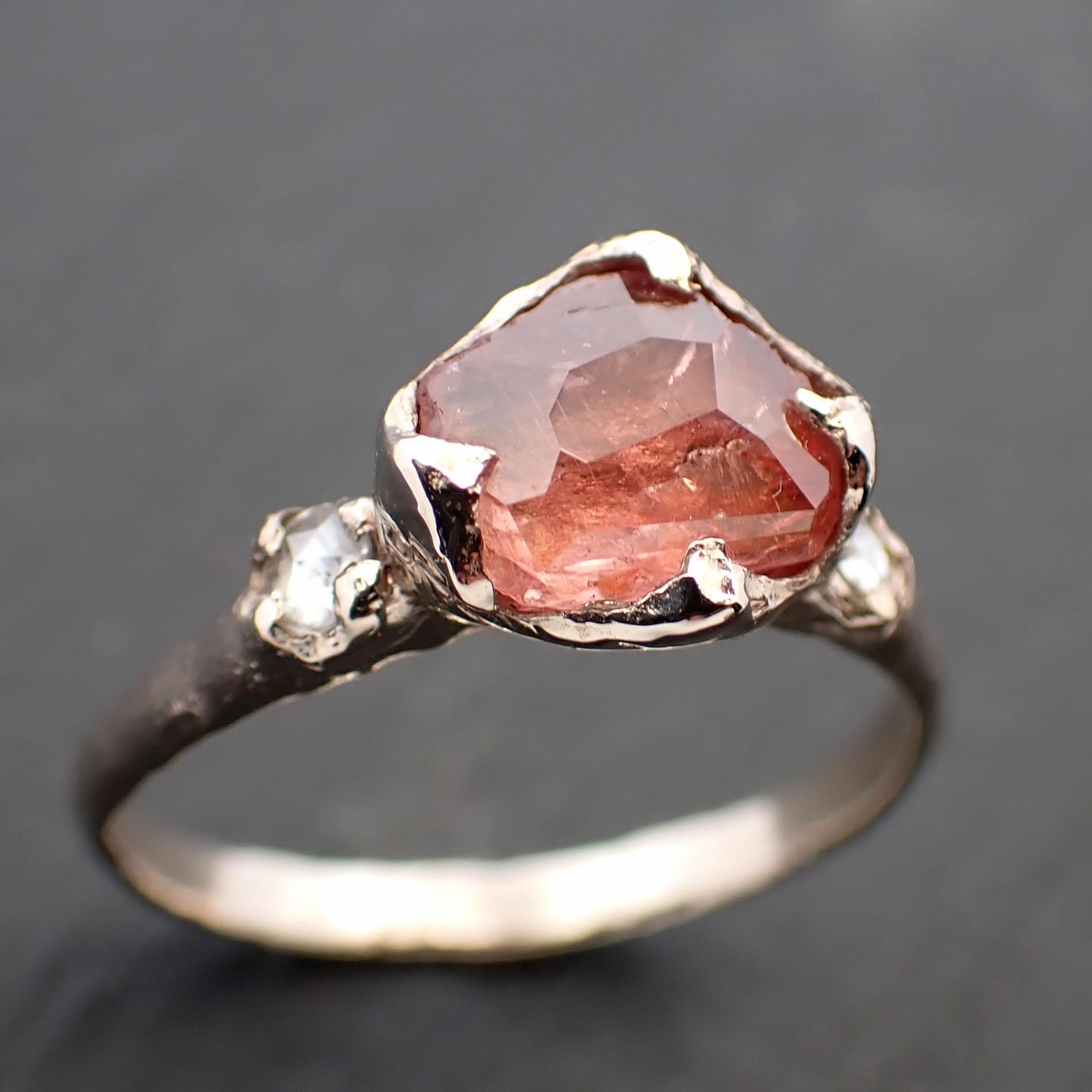 Partially faceted Peach Sapphire and fancy Diamonds 14k White Gold Engagement Wedding Ring Custom Gemstone Ring Multi stone Ring 3548