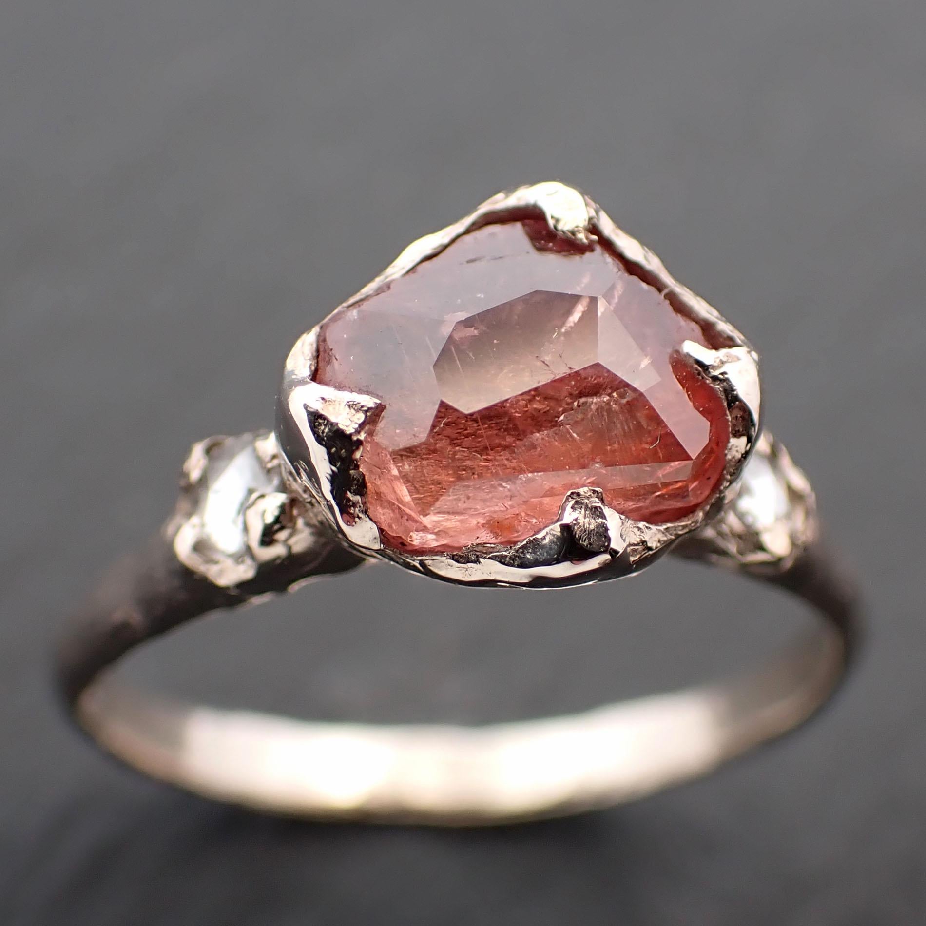 Partially faceted Peach Sapphire and fancy Diamonds 14k White Gold Engagement Wedding Ring Custom Gemstone Ring Multi stone Ring 3548