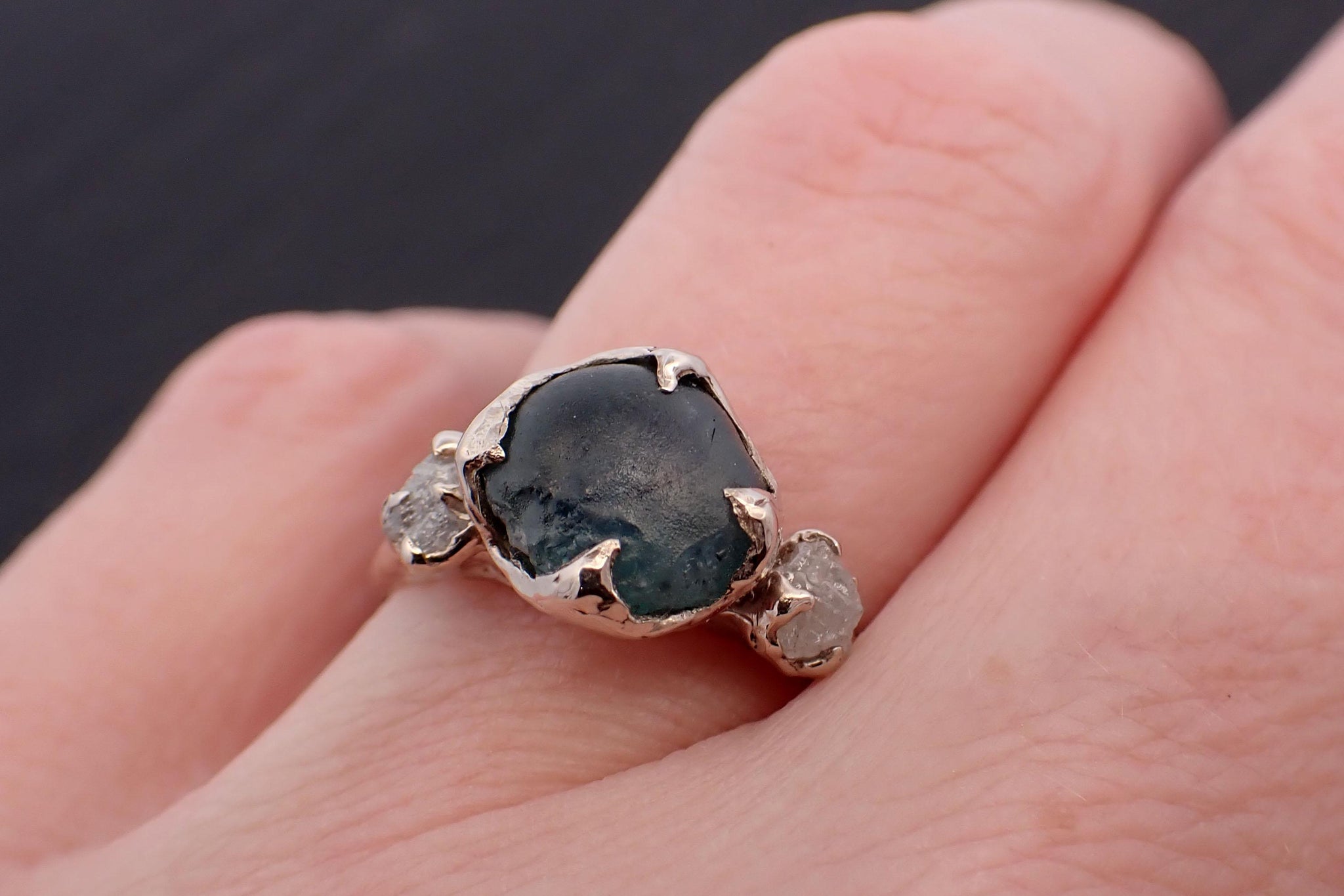 Raw blue green Montana Sapphire rough diamond White 14k Gold Engagement Wedding Ring Custom One Of a Kind Gemstone Multi stone Ring 3549