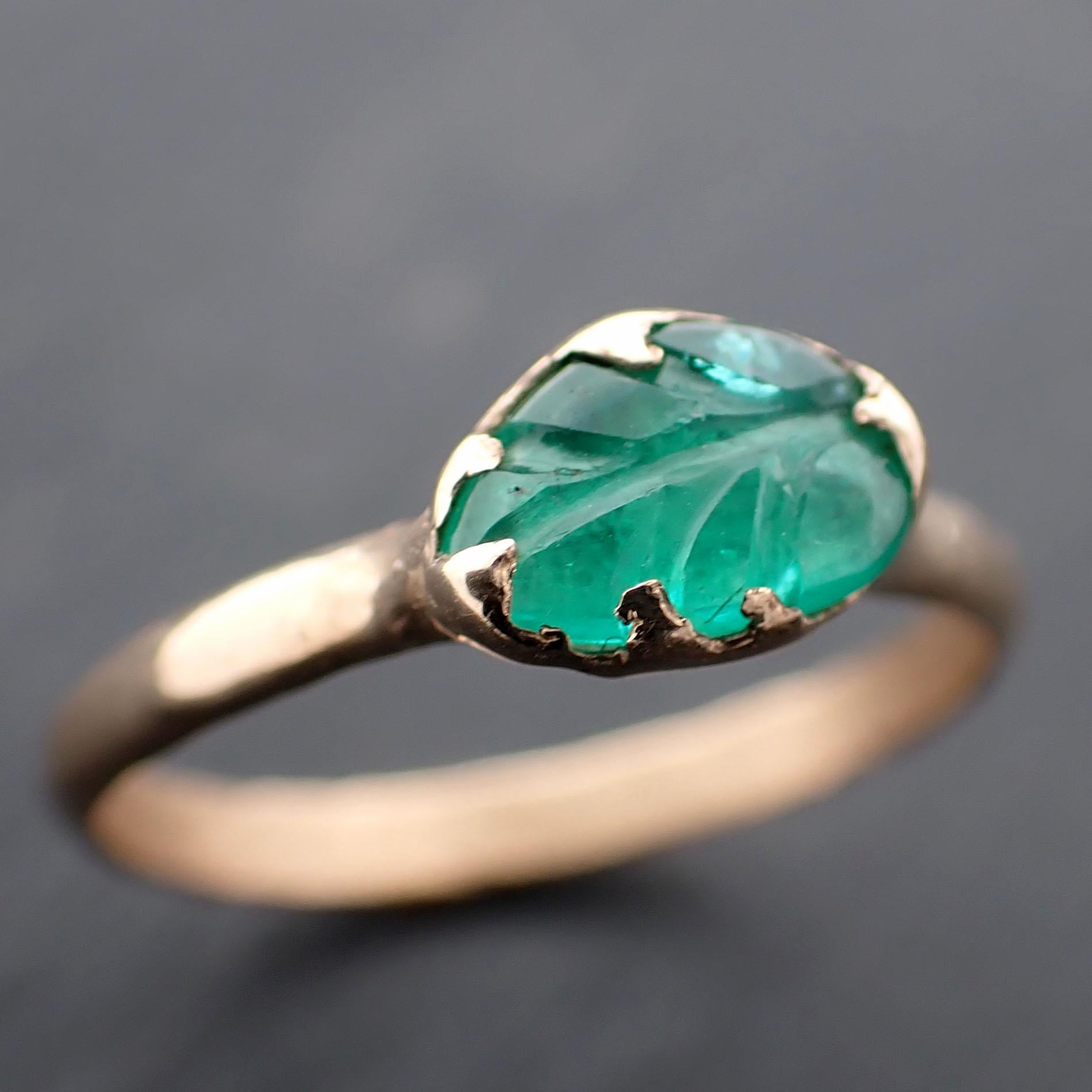 Carved Leaf Emerald Solitaire yellow 14k Gold Ring Birthstone One Of a Kind Gemstone Ring Recycled 3564