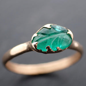 Carved Leaf Emerald Solitaire yellow 14k Gold Ring Birthstone One Of a Kind Gemstone Ring Recycled 3564