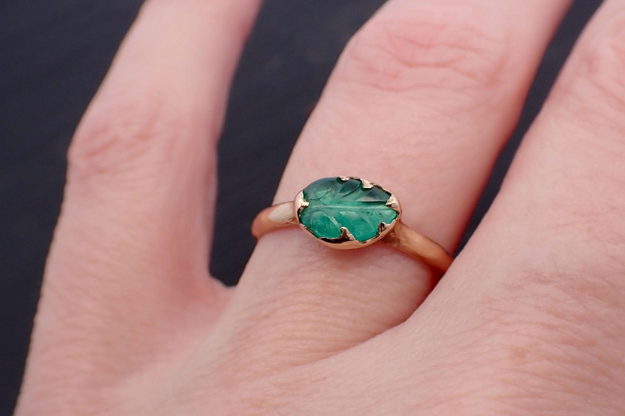 Carved Leaf Emerald Solitaire yellow 14k Gold Ring Birthstone One Of a Kind Gemstone Ring Recycled 3564