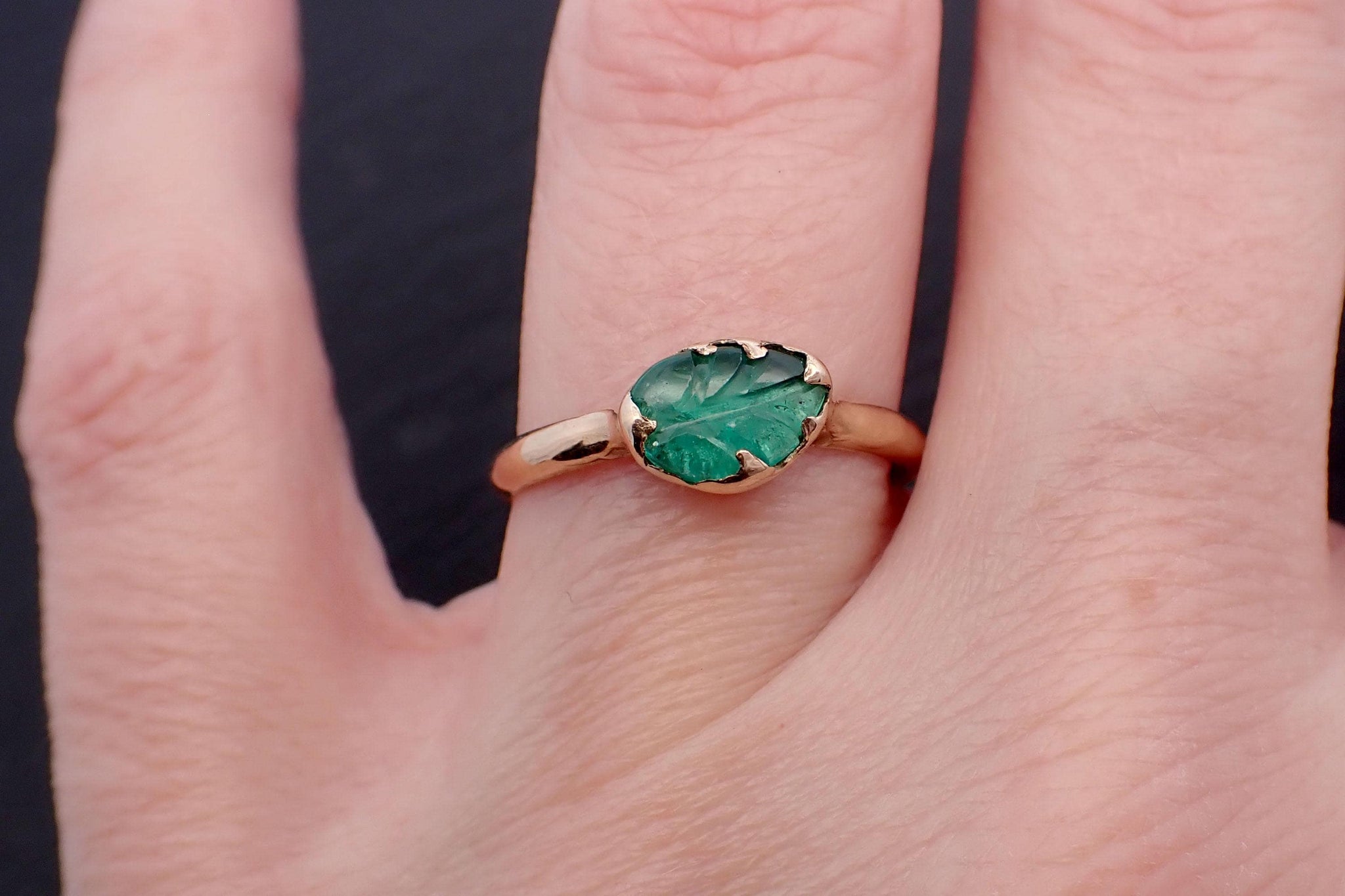 Carved Leaf Emerald Solitaire yellow 14k Gold Ring Birthstone One Of a Kind Gemstone Ring Recycled 3564